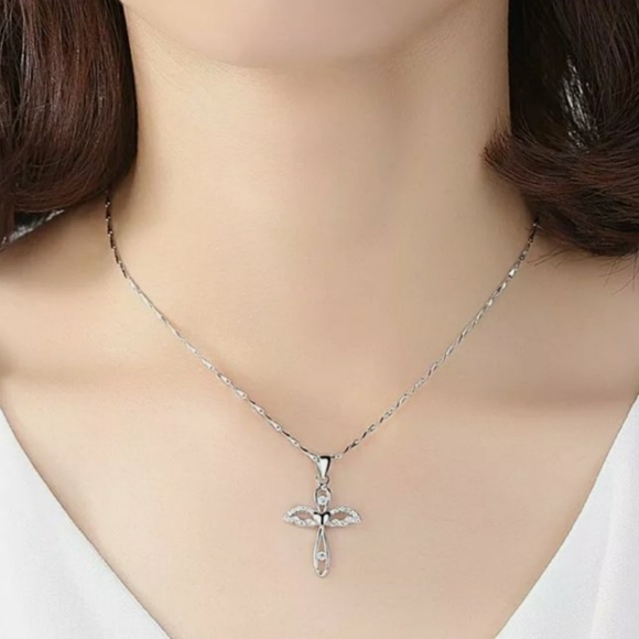Silver Angel Wings Cross Pendant Clavicle Chain Necklace - Picture 6 of 8
